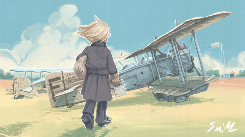 1girl absurdres aircraft airfield airplane biplane black_coat black_footwear black_pants blonde_hair boots breguet_14 clouds cloudy_sky coat commentary_request grass helmet highres holding holding_helmet lalah_7th motor_vehicle on_grass orange_hair original outdoors pants scenery signature sky solo walking wind windsock