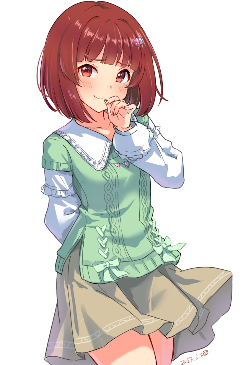 1girl alternate_hairstyle arm_behind_back blush breasts brown_eyes brown_hair brown_skirt closed_mouth collarbone cowboy_shot damokan66 dated dot_nose floating_clothes green_shirt hand_up highres idolmaster idolmaster_million_live! idolmaster_million_live!_theater_days layered_sleeves long_sleeves looking_at_viewer medium_breasts nonohara_akane shirt short_hair side_slit simple_background skirt smile solo standing white_background