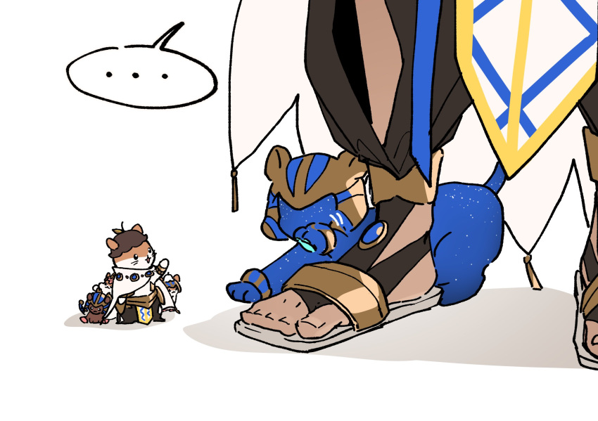 ... 1boy animal cat close-up cosplay dabin egyptian_clothes fate/grand_order fate_(series) feet foot_focus hamster head_out_of_frame highres ozymandias_(fate) ozymandias_(fate)_(cosplay) simple_background speech_bubble spoken_ellipsis standing toeless_footwear white_background