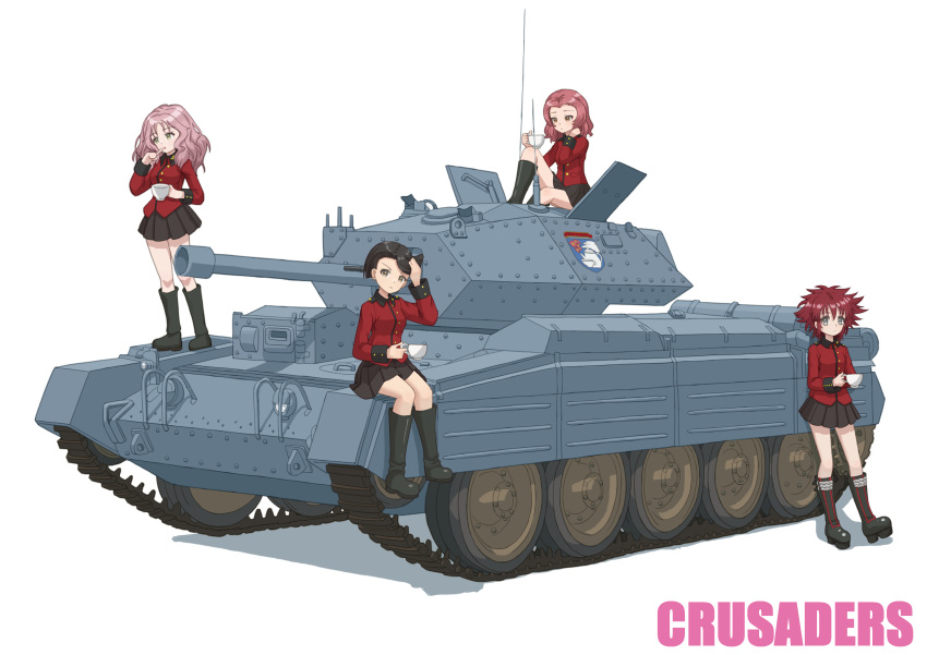 4girls absurdres against_vehicle black_footwear black_hair black_skirt boots brown_eyes character_name commentary cranberry_(girls_und_panzer) crusader_(tank) cup earrings emblem finger_to_mouth girls_und_panzer green_eyes grey_eyes hair_over_one_eye hand_in_own_hair highres holding holding_cup jacket jewelry knee_boots knee_up leaning_back long_hair long_sleeves looking_at_viewer makeup mascara military_uniform military_vehicle miniskirt motor_vehicle multiple_girls peach_(girls_und_panzer) pink_hair pleated_skirt qgkmn541 red_jacket redhead rosehip_(girls_und_panzer) short_hair sitting skirt st._gloriana's_(emblem) st._gloriana's_military_uniform standing stud_earrings studded_footwear tank teacup uniform vanilla_(girls_und_panzer) wavy_hair white_background