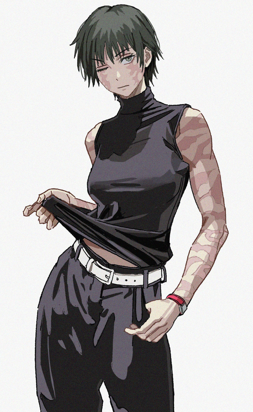 1girl absurdres bare_shoulders belt belt_buckle black_hair black_pants black_shirt buckle closed_mouth commentary english_commentary green_eyes highres jujutsu_kaisen muscular muscular_female one_eye_closed pants scar scar_on_arm scar_on_face shiren_(ourboy83) shirt short_hair simple_background sleeveless sleeveless_shirt solo turtleneck turtleneck_shirt white_background white_belt zen'in_maki