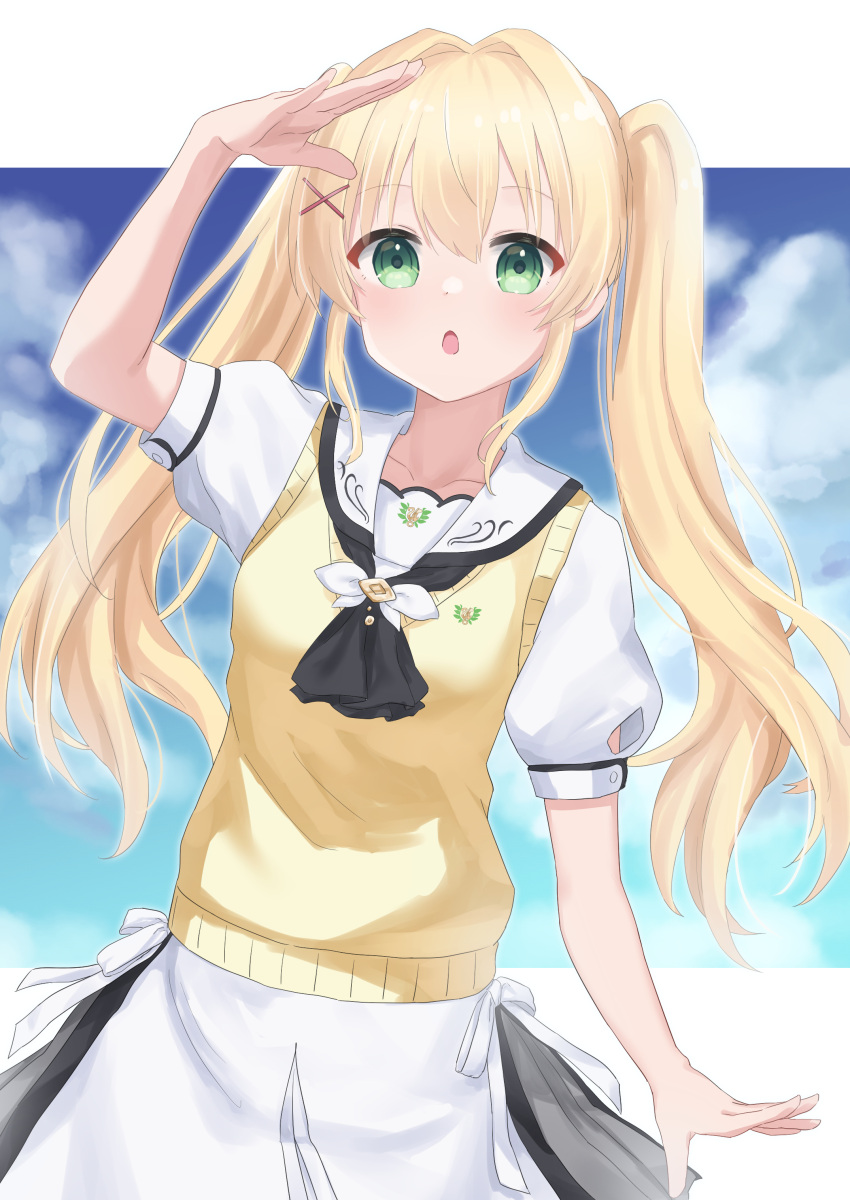 1girl :o absurdres arm_at_side arm_up ascot black_ascot blonde_hair blue_sky blush breasts commentary green_eyes hair_between_eyes hair_intakes hair_ornament highres kirima_(zs_at_) long_hair looking_at_viewer open_mouth puffy_short_sleeves puffy_sleeves sailor_collar shading_eyes shirt short_sleeves sidelocks skirt sky solo summer_pockets sweater_vest tsumugi_wenders white_background white_sailor_collar white_shirt white_skirt x_hair_ornament yellow_sweater_vest