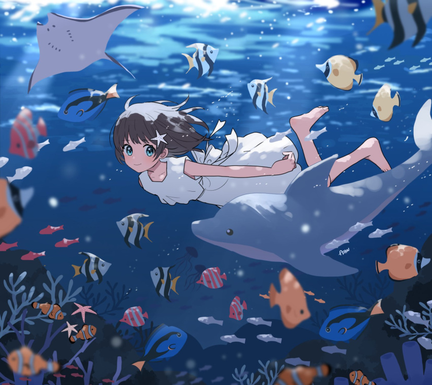 1girl aqua_eyes arisa_(aren) artist_name bare_arms barefoot black_hair blue_theme closed_mouth commentary_request coral dolphin dress fish floating_hair full_body hair_ornament highres light_particles looking_to_the_side manta_ray medium_hair original plant seaweed signature sleeveless sleeveless_dress smile solo star_(symbol) star_hair_ornament starfish starfish_hair_ornament swimming underwater water white_dress