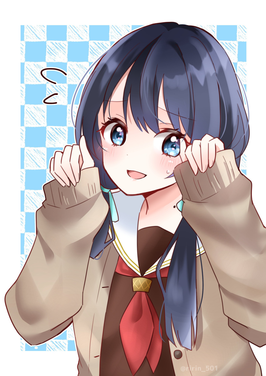 1girl absurdres blue_eyes blue_hair blush brown_cardigan brown_dress cardigan dress furrowed_brow hair_over_shoulder highres link!_like!_love_live! long_hair long_sleeves looking_at_viewer love_live! mole mole_on_neck murano_sayaka neckerchief open_mouth red_neckerchief ririn_(ririn_501) sailor_collar sleeves_past_wrists solo sweat swept_bangs twintails upper_body white_sailor_collar winter_uniform