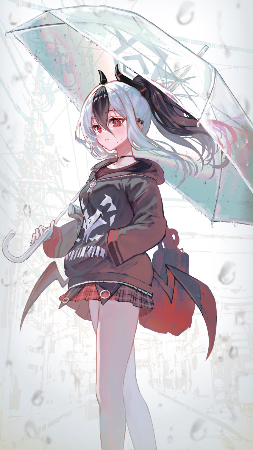 1girl absurdres bag black_hair black_horns black_jacket blue_archive blush demon_horns demon_wings feet_out_of_frame grey_hair grey_halo hair_between_eyes halo highres holding holding_umbrella hood hooded_jacket horns jacket kayoko_(blue_archive) long_hair long_sleeves multicolored_hair open_mouth pleated_skirt qc6 red_eyes red_skirt single_wing skirt solo umbrella wings