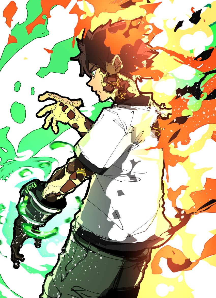 1boy absurdres animification ben_10 ben_tennyson black_trim brown_hair burning_clothes closed_mouth dutch_angle energy fiery_hair fire floating_hair from_behind from_side green_eyes green_pants hand_up henshin highres isaacchief300 male_focus multicolored_background omnitrix open_hand overexposure paint_splatter pants profile shirt short_hair short_sleeves solo standing transformation white_shirt