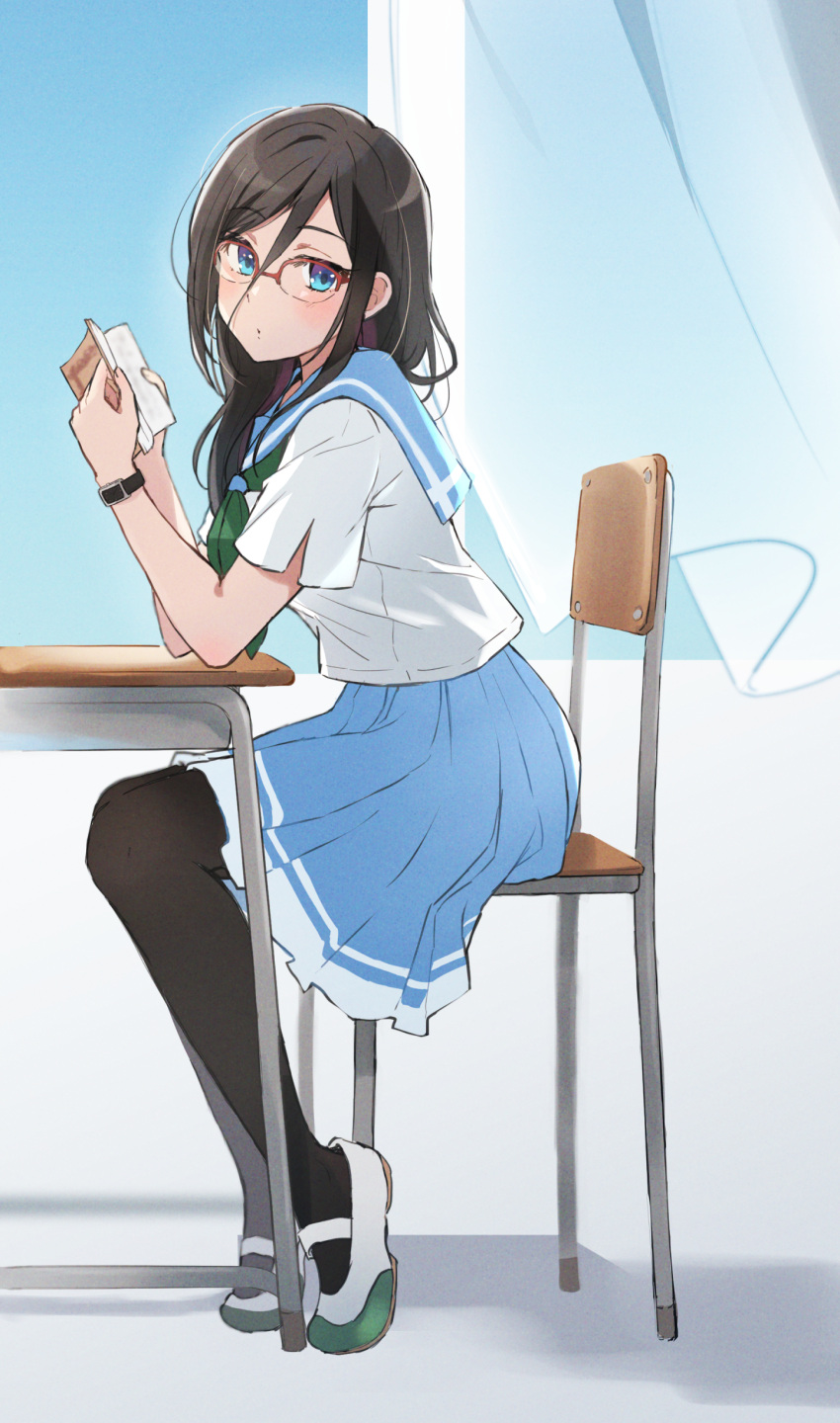 1girl :o absurdres black_hair black_pantyhose blue_eyes blue_sailor_collar blue_skirt book chair commentary curtains desk from_side glasses green_neckerchief hair_between_eyes hibike!_euphonium highres holding holding_book indoors kitauji_high_school_uniform long_hair looking_at_viewer neckerchief ogura_(sao_no) on_chair over-rim_eyewear pantyhose parted_lips pleated_skirt red-framed_eyewear sailor_collar school_chair school_desk school_uniform semi-rimless_eyewear serafuku shadow shirt shoes short_sleeves sitting skirt solo summer_uniform tanaka_asuka uwabaki watch watch white_shirt window