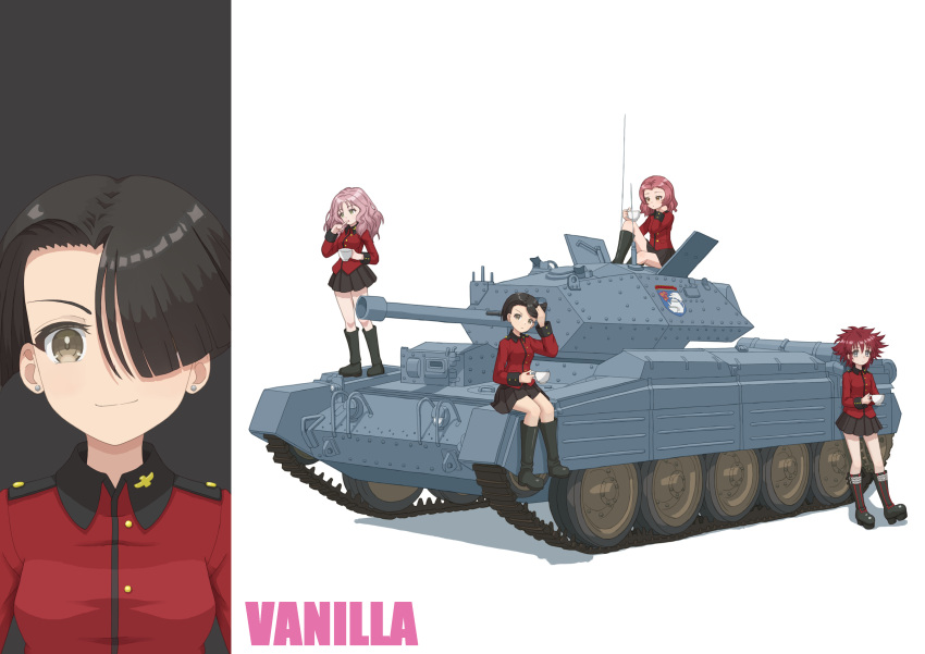 4girls absurdres against_vehicle black_footwear black_hair black_skirt boots brown_eyes character_name closed_mouth commentary cranberry_(girls_und_panzer) crusader_(tank) cup earrings emblem finger_to_mouth girls_und_panzer green_eyes grey_eyes grin hair_over_one_eye hand_in_own_hair highres holding holding_cup jacket jewelry knee_boots knee_up leaning_back long_hair long_sleeves looking_at_viewer makeup mascara military_uniform military_vehicle miniskirt motor_vehicle multiple_girls peach_(girls_und_panzer) pink_hair pleated_skirt qgkmn541 red_jacket redhead rosehip_(girls_und_panzer) short_hair sitting skirt smile st._gloriana's_(emblem) st._gloriana's_military_uniform standing stud_earrings studded_footwear tank teacup uniform vanilla_(girls_und_panzer) wavy_hair white_background