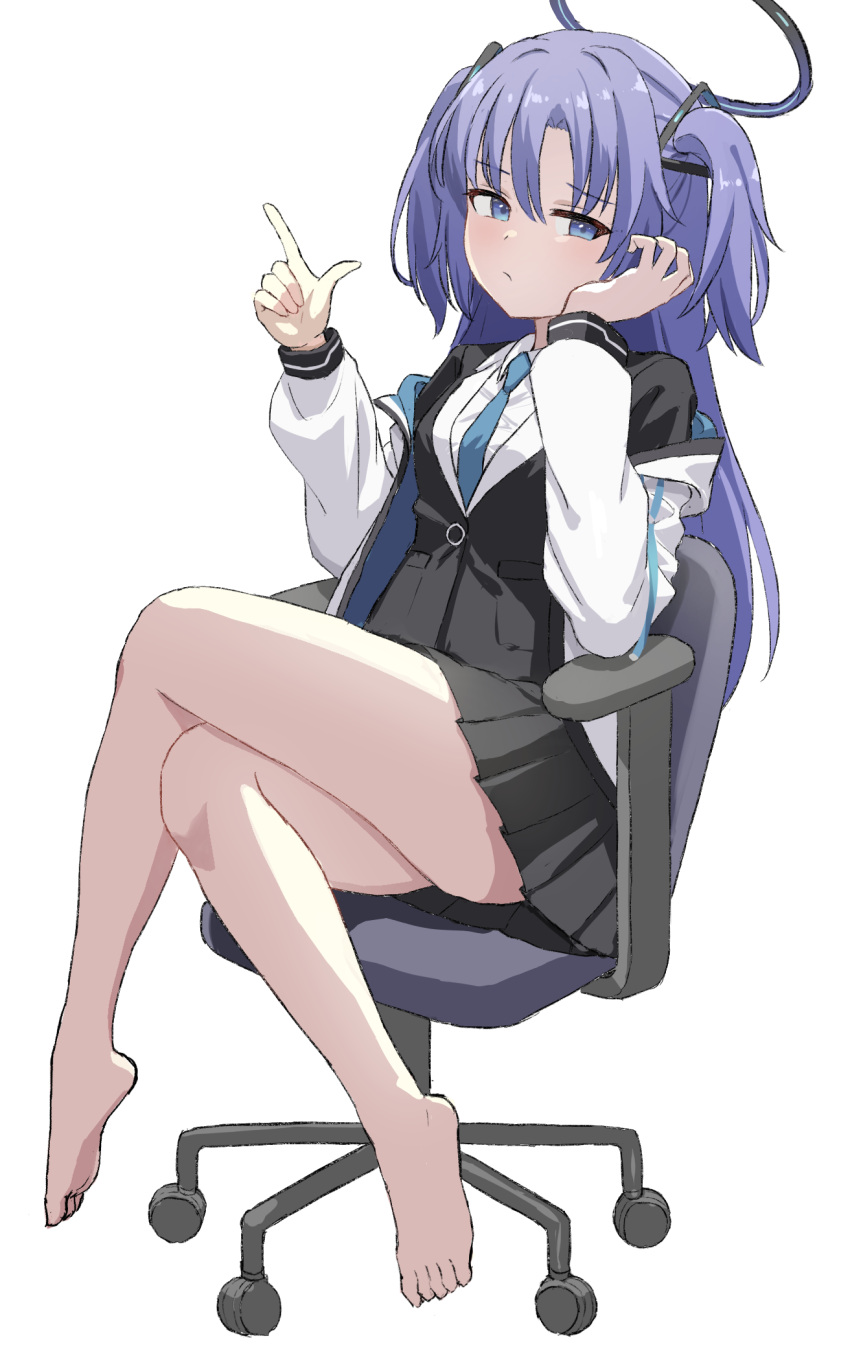 1girl barefoot black_skirt black_suit blue_archive blue_necktie breasts collared_shirt commentary crossed_legs halo highres jacket long_hair long_sleeves looking_at_viewer medium_breasts necktie pleated_skirt pointing pointing_up pony_(shihyo-6591) purple_hair school_uniform shirt sidelocks sitting skirt solo suit two_side_up violet_eyes white_background white_jacket white_shirt yuuka_(blue_archive)