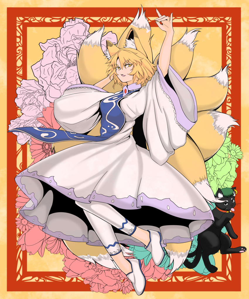 absurdres animal animal_ear_piercing animal_ears animal_hat art_nouveau black_cat blonde_hair blue_tabard cat cat_tail chen chen_(cat) flower fox_ears fox_tail hat highres multiple_tails soretsu_nitohei tabard tail touhou two_tails yakumo_ran