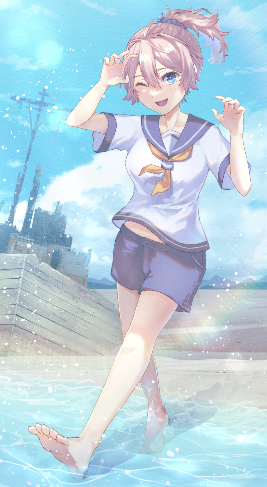 1girl aoba_(kancolle) barefoot beach blue_eyes blue_sailor_collar blue_shorts blush clouds cloudy_sky day hair_between_eyes highres kantai_collection neckerchief ocean one_eye_closed open_mouth outdoors pink_hair ponytail sailor_collar shikajima_shika short_hair short_sleeves shorts sky smile soles solo toes water yellow_neckerchief