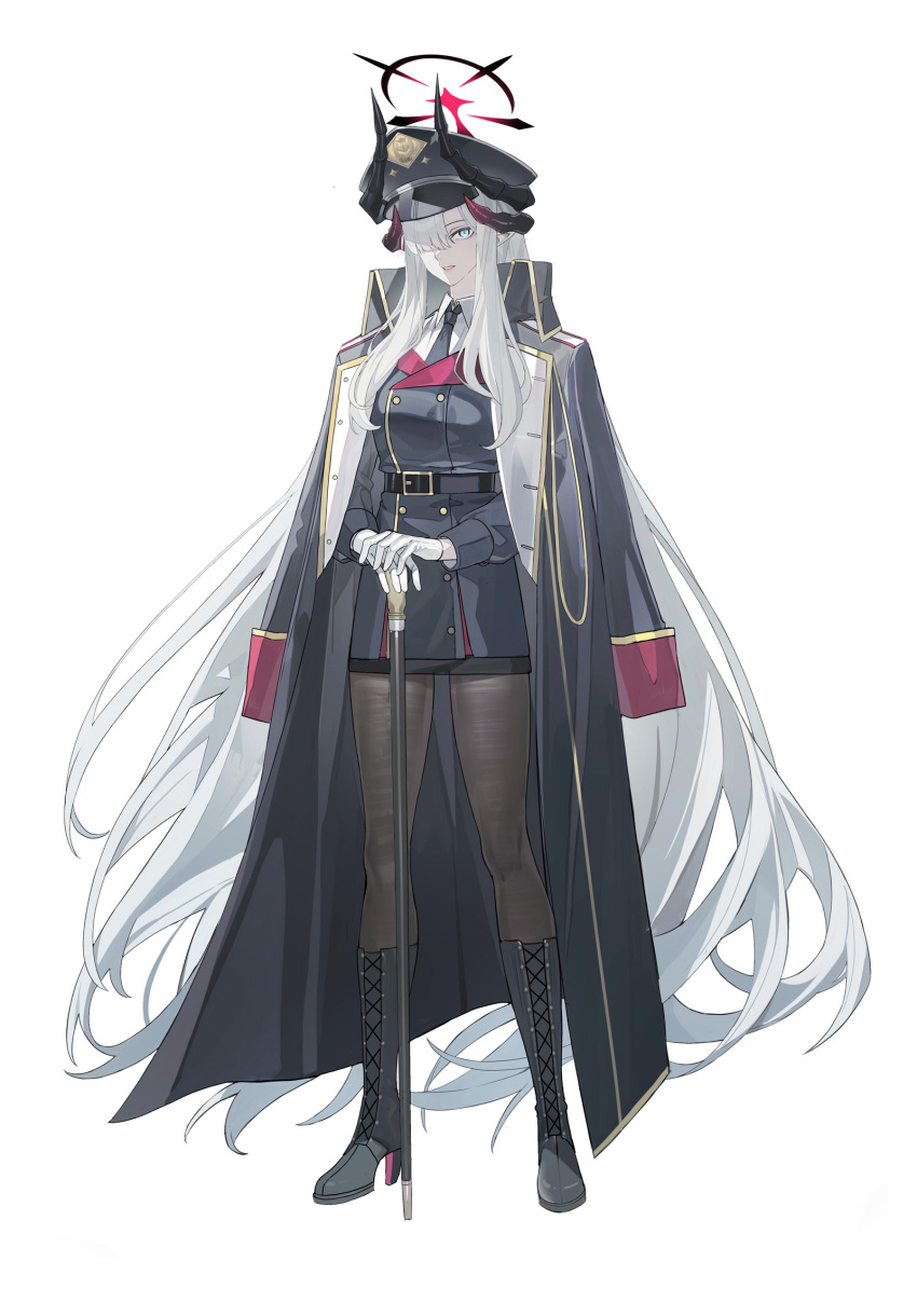 1girl black_horns black_necktie blue_archive boots cane coat coat_on_shoulders cross-laced_footwear demon_horns echj full_body gloves hair_over_one_eye halo hat high_heel_boots high_heels highres holding holding_cane horns jacket lace-up_boots makoto_(blue_archive) military_hat military_jacket military_uniform multiple_horns necktie pantyhose peaked_cap pointy_ears red_halo standing uniform white_gloves