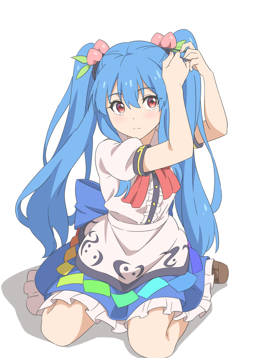 1girl adjusting_hair blue_hair blue_skirt blush brown_footwear center_frills closed_mouth frilled_skirt frills full_body gyouza_(mhea5724) hair_between_eyes highres hinanawi_tenshi long_hair puffy_short_sleeves puffy_sleeves red_eyes shirt shoes short_sleeves sidelocks simple_background skirt solo touhou twintails two_side_up white_background white_shirt