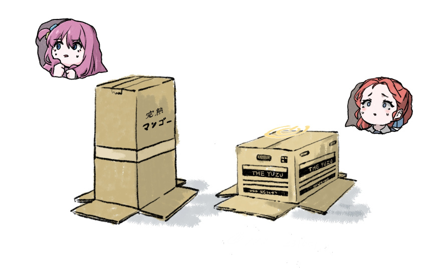 2girls blue_archive bocchi_the_rock! box cardboard_box commentary crossover gotoh_hitori halo highres in_box in_container multiple_girls simple_background sui_li white_background yellow_halo yuzu_(blue_archive)