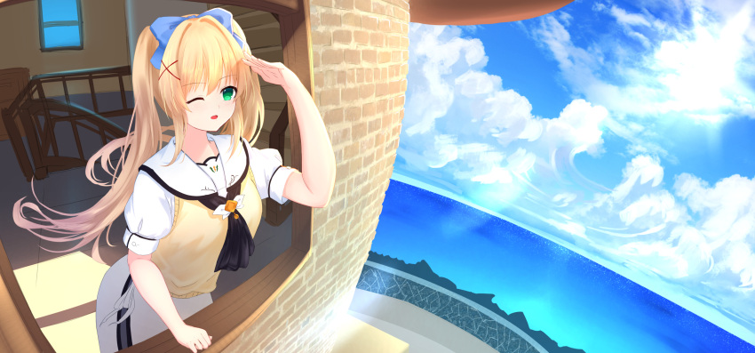 1girl ascot black_ascot blonde_hair blue_bow bow clouds cloudy_sky commentary cowboy_shot green_eyes hair_between_eyes hair_bow hair_intakes hair_ornament hand_up highres indoors lighthouse long_hair looking_afar myria_(7855) ocean one_eye_closed open_mouth outdoors puffy_short_sleeves puffy_sleeves sailor_collar shading_eyes shirt short_sleeves sidelocks skirt sky smile solo summer_pockets sunlight sweater_vest tsumugi_wenders twintails white_sailor_collar white_shirt white_skirt window x_hair_ornament yellow_sweater_vest