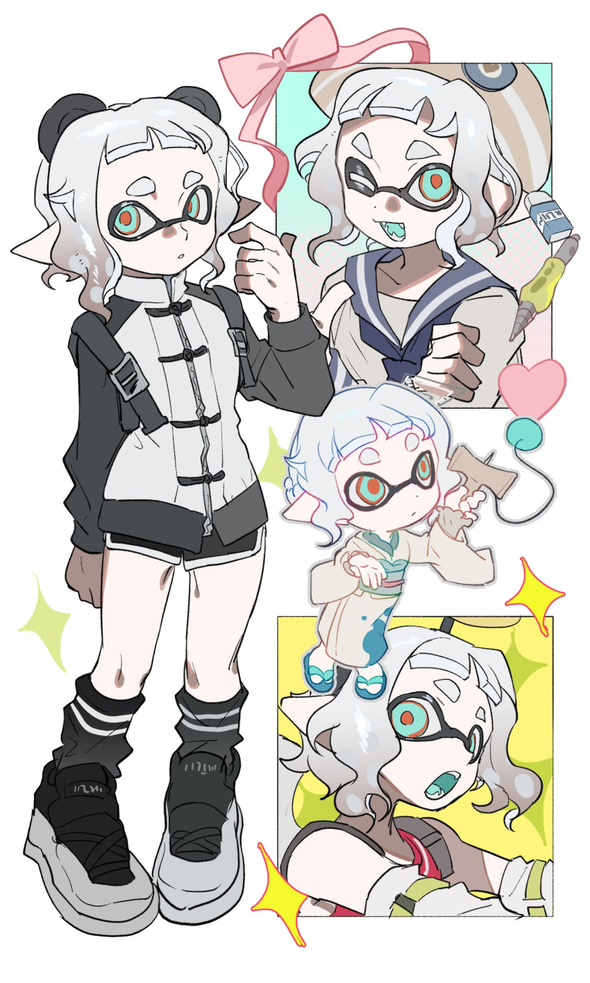 1girl absurdres aqua_eyes black_shorts heart highres inkling inkling_girl japanese_clothes kimono kiwi_splatoon leg_warmers medium_hair multiple_views one_eye_closed open_mouth parted_lips pointy_ears red_pupils sailor_collar sailor_shirt shirt shoes short_shorts shorts smile sparkle splatoon_(series) standing teeth tentacle_hair thick_eyebrows white_background white_hair white_trim