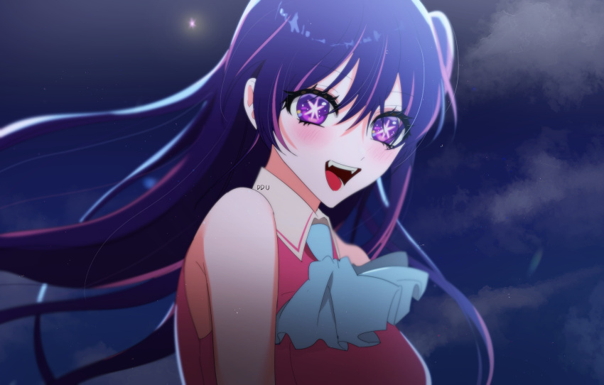 1girl artist_name ascot bare_shoulders blue_ascot blush clouds collared_shirt commentary_request floating_hair hair_between_eyes highres hoshino_ai_(oshi_no_ko) idol idol_clothes korean_commentary long_hair looking_at_viewer multicolored_hair night night_sky one_side_up open_mouth oshi_no_ko outdoors pink_shirt purple_hair shirt sidelocks sky sleeveless sleeveless_shirt solo star-shaped_pupils star_(symbol) streaked_hair symbol-shaped_pupils teeth upper_body upper_teeth_only violet_eyes yubto_45