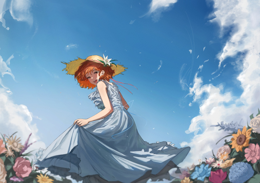 1girl absurdres blue_dress blue_flower blue_ribbon blue_sky brown_eyes clouds day dress feet_out_of_frame flower hat hat_flower highres l3lacky623 looking_at_viewer mole mole_under_eye open_mouth orange_hair outdoors pink_flower ribbon short_hair skirt_hold sky sleeveless sleeveless_dress smile solo straw_hat teeth white_flower yellow_flower yellow_headwear