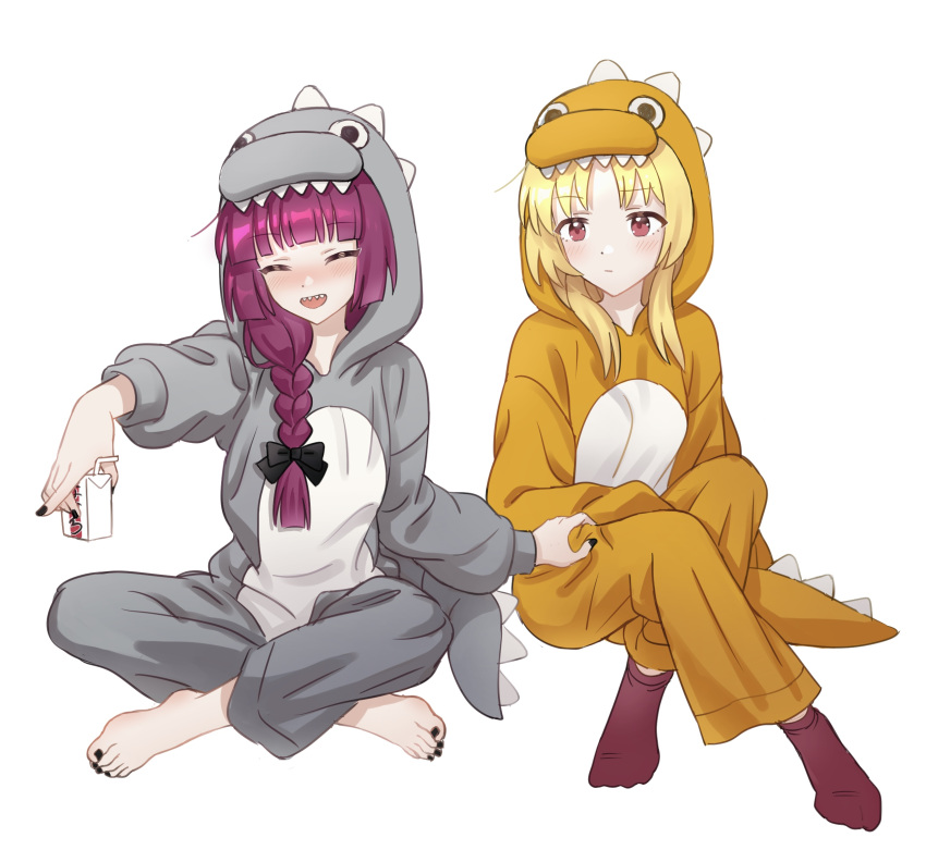 2girls alcohol alternate_costume animal_costume animal_hood barefoot bestramos black_bow black_nails blonde_hair blunt_bangs blush bocchi_the_rock! bow braid closed_eyes commentary crossed_legs drunk full_body hair_bow hair_over_shoulder highres hiroi_kikuri holding_carton hood ijichi_seika indian_style long_hair multiple_girls nail_polish no_shoes open_mouth outstretched_arm purple_hair red_eyes red_socks sharp_teeth simple_background single_braid sitting smile socks symbol-only_commentary teeth toenail_polish toenails white_background