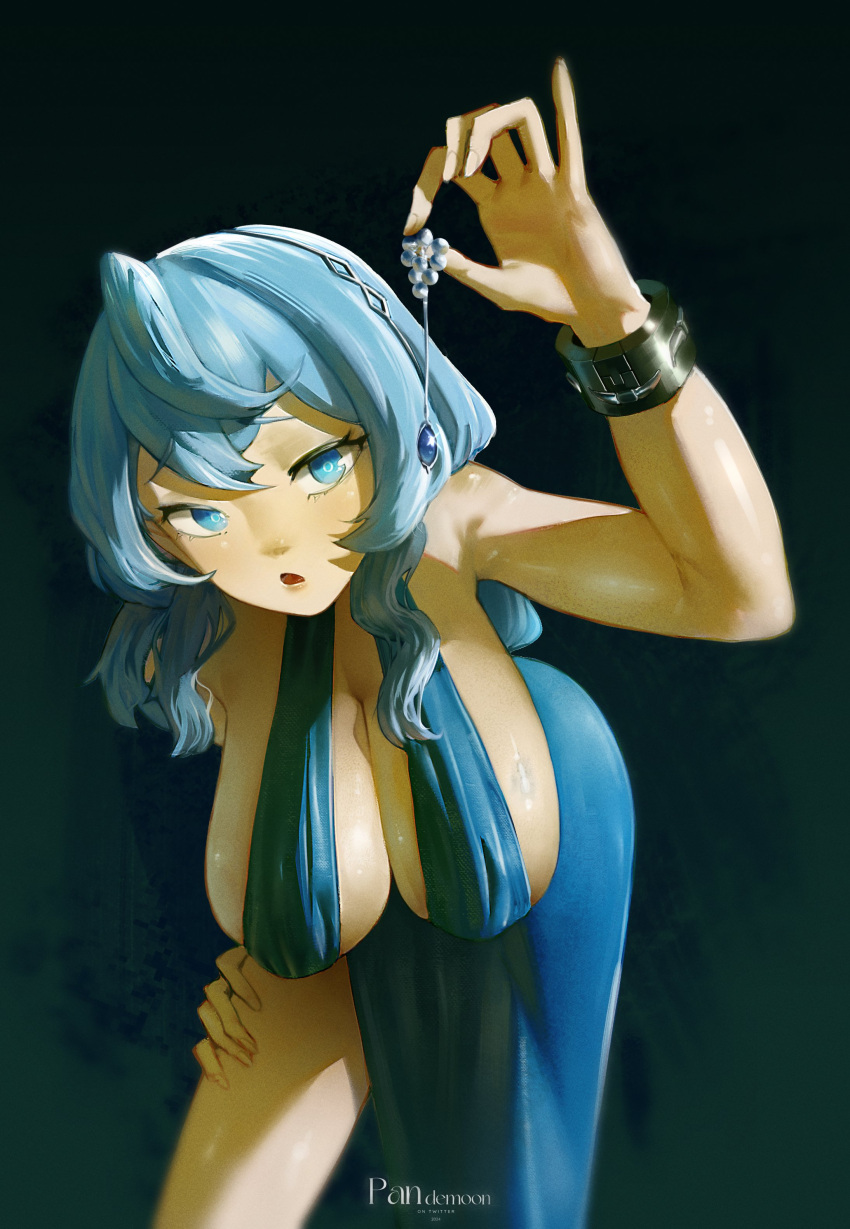1girl absurdres ako_(blue_archive) ako_(dress)_(blue_archive) backless_dress backless_outfit blue_archive blue_dress blue_eyes blue_hair blush breasts dress hair_between_eyes highres large_breasts long_hair looking_at_viewer official_alternate_costume pandemoon sideboob sleeveless sleeveless_dress solo