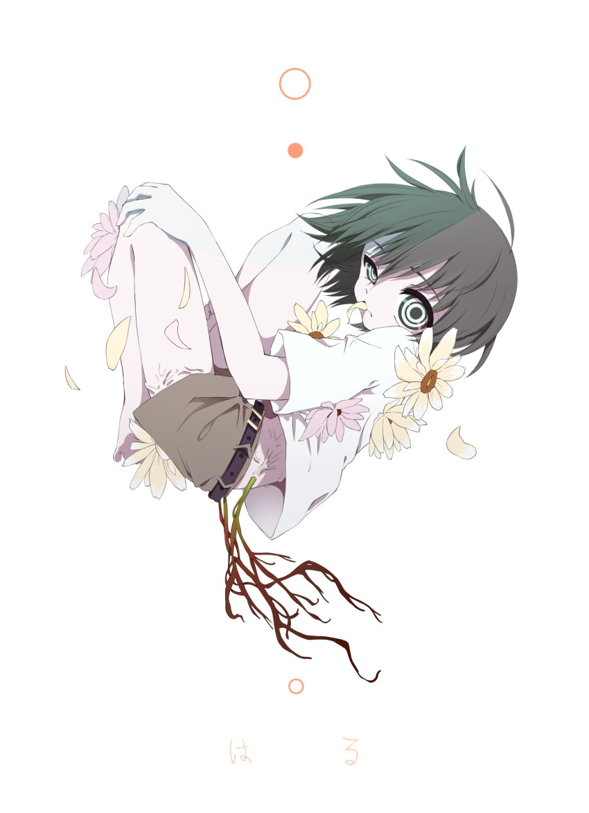 1boy barefoot belt black_hair commentary flower full_body highres looking_at_viewer male_focus nomura_kitan original petals petals_in_mouth ribbon roots short_hair short_shorts shorts solo symbol-only_commentary