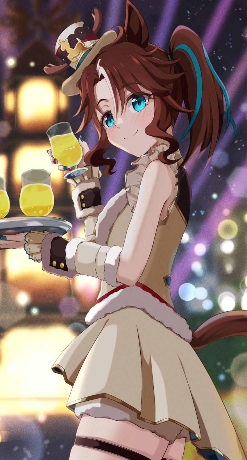 1girl absurdres animal_ears blue_eyes blue_hair blue_nails blurry blurry_background blush brown_hair brown_headwear brown_shirt brown_skirt chokin_tsucho closed_mouth cowboy_shot cup depth_of_field drinking_glass from_side hair_between_eyes highres holding holding_cup holding_tray horse_ears horse_girl horse_tail looking_at_viewer looking_to_the_side mejiro_palmer_(umamusume) mejiro_palmer_(warm-hearted_reindeer)_(umamusume) multicolored_hair multicolored_nails nail_polish official_alternate_costume parted_bangs pleated_skirt revision shirt skirt smile solo streaked_hair tail tilted_headwear tray umamusume white_hair