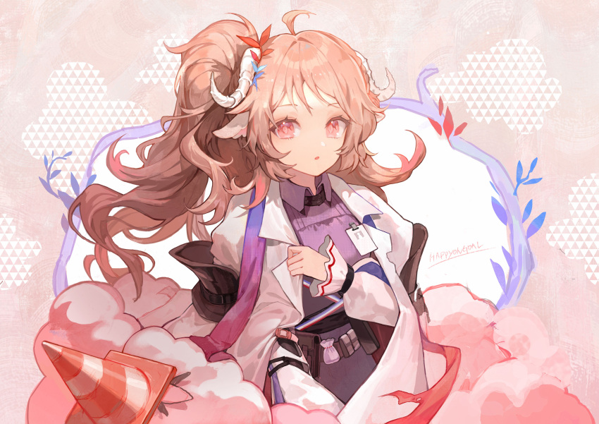 1girl absurdres ahoge animal_ears arknights brown_hair clouds coat commentary_request eyjafjalla_(arknights) eyjafjalla_the_hvit_aska_(arknights) happyongdal highres horns id_card korean_commentary lab_coat long_sleeves looking_at_viewer messy_hair parted_lips pink_background pink_eyes purple_shirt sheep_ears sheep_girl sheep_horns shirt side_ponytail signature simple_background solo traffic_cone upper_body white_coat