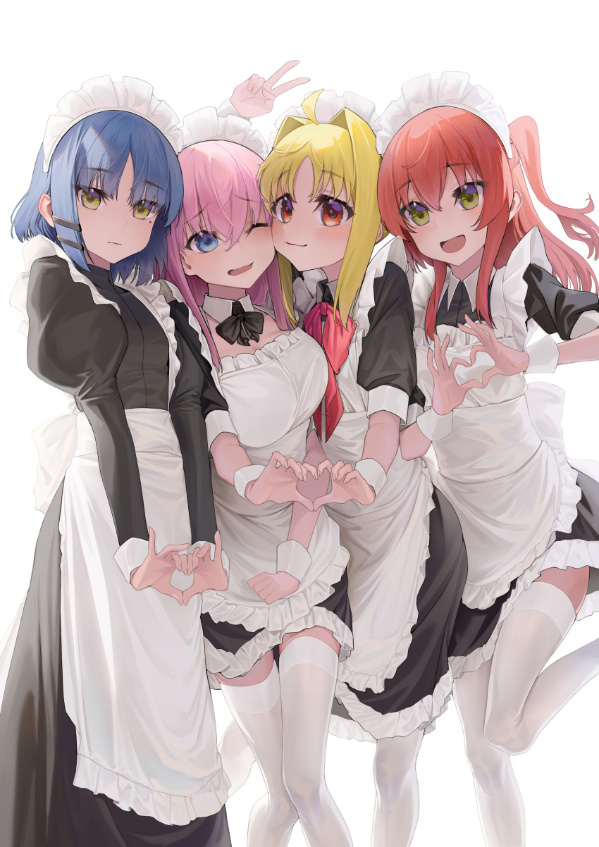 4girls absurdres ahoge alternate_costume apron arm_up black_dress blonde_hair blue_eyes blue_hair blush_stickers bocchi_the_rock! bow bowtie breasts closed_mouth commentary cowboy_shot dress enmaided flat_chest gotoh_hitori green_eyes hair_between_eyes hair_intakes hands_up heart heart_hands heart_hands_duo highres ijichi_nijika jliaan juliet_sleeves kita_ikuyo large_breasts long_dress long_hair long_sleeves looking_at_viewer maid maid_apron maid_headdress medium_dress mole mole_under_eye multiple_girls one_eye_closed one_side_up open_mouth pantyhose pink_hair puffy_sleeves red_bow red_bowtie red_eyes redhead revision shaded_face short_dress short_hair short_sleeves simple_background sleeves_past_elbows small_breasts smile standing standing_on_one_leg thigh-highs thighs v white_apron white_background white_pantyhose white_thighhighs yamada_ryo yellow_eyes