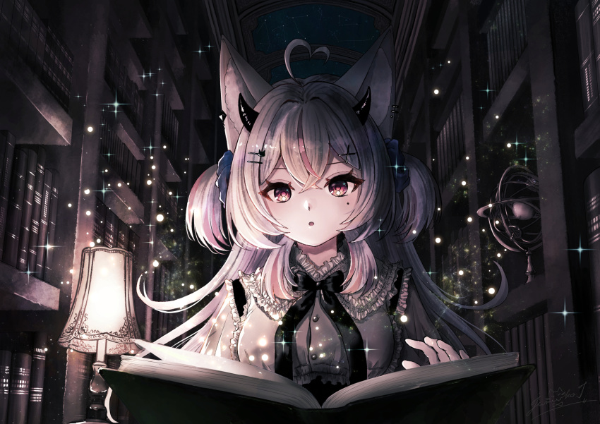 1girl :o ahoge animal_ears armillary_sphere book bookshelf cat_ears cat_girl commission dark_room desk_lamp frills hair_ornament hairclip heart heart_ahoge highres horns indie_virtual_youtuber lamp library light_particles long_hair multicolored_hair muted_color parted_lips pixiv_commission reading redhead solo streaked_hair tanaka_fumiko two_side_up virtual_youtuber white_hair