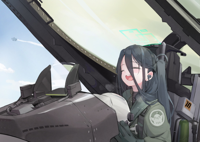 1girl aircraft airplane aris_(blue_archive) black_eyes black_hair blue_archive chinese_commentary closed_eyes clouds coat cockpit contrail earphones emblem english_commentary fighter_plane gloves green_coat green_gloves hair_between_eyes halo helmet highres holding holding_helmet long_hair long_sleeves mixed-language_commentary open_mouth pilot_helmet pilot_suit side_ponytail sitting sky solo sweat sweatdrop teeth upper_body upper_teeth_only wittmann_(ehvr8373)