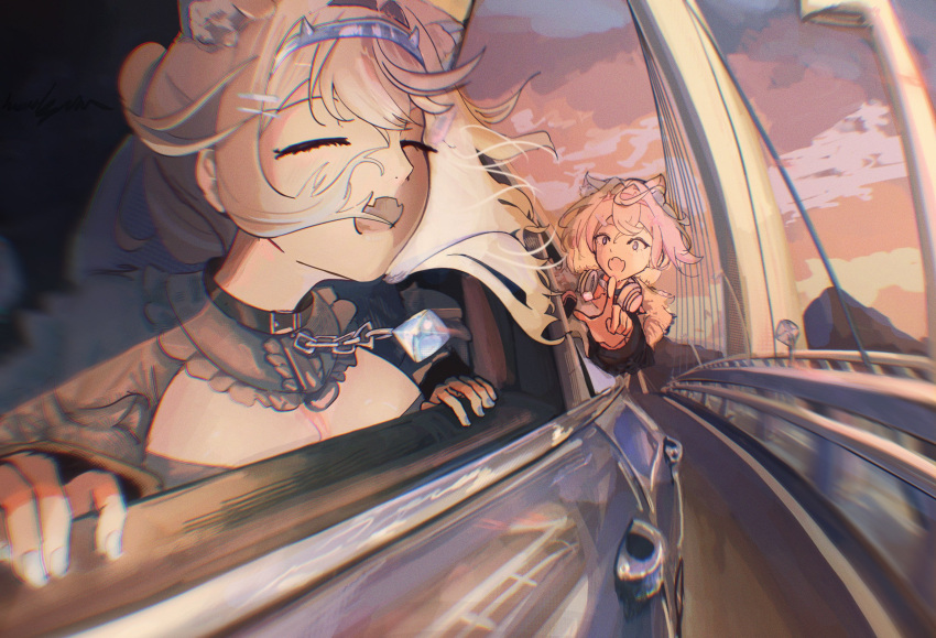 2girls animal_ear_fluff animal_ears belt_collar black_collar black_jacket blonde_hair blue_hair blue_nails car closed_eyes collar dog_ears dog_girl fangs floating_hair fur-trimmed_jacket fur_trim fuwawa_abyssgard fuwawa_abyssgard_(1st_costume) harikyon_dzs headphones headphones_around_neck highres hololive hololive_english jacket leaning_out_of_window long_hair mococo_abyssgard mococo_abyssgard_(1st_costume) motor_vehicle multiple_girls nail_polish open_mouth pink_hair short_hair siblings sisters skin_fangs twins virtual_youtuber