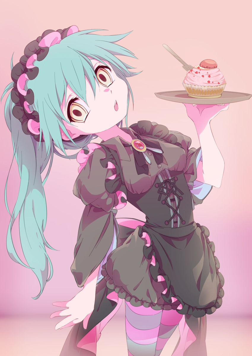 1girl absurdres anime_coloring apron aqua_eyes black_apron black_dress black_ribbon brooch cake commentary_request cowboy_shot dress food frilled_apron frilled_dress frilled_hairband frills hairband highres holding holding_tray jewelry leaning_back long_hair looking_at_viewer maid neck_ribbon nomura_kitan open_mouth original pantyhose ribbon short_dress solo striped_clothes striped_pantyhose tray twintails yellow_eyes