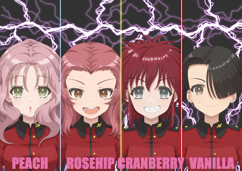 4girls :o absurdres black_hair brown_eyes character_name closed_mouth commentary cranberry_(girls_und_panzer) earrings girls_und_panzer green_eyes grey_eyes grin hair_over_one_eye highres jacket jewelry lightning long_hair long_sleeves looking_at_viewer makeup mascara medium_hair messy_hair military_uniform multiple_girls open_mouth peach_(girls_und_panzer) pink_hair qgkmn541 red_jacket redhead rosehip_(girls_und_panzer) short_hair smile st._gloriana's_military_uniform stud_earrings uniform vanilla_(girls_und_panzer) wavy_hair yellow_eyes