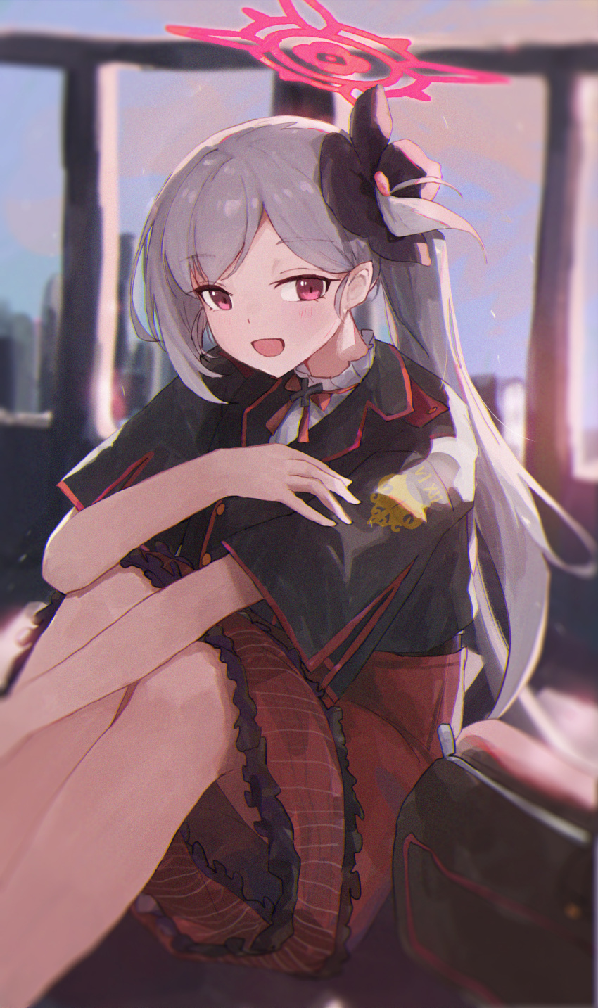 1girl black_scrunchie black_shirt blue_archive blush feet_out_of_frame frilled_skirt frills grey_hair hair_ornament hair_scrunchie halo highres jianjia long_hair mutsuki_(blue_archive) open_mouth red_eyes red_halo red_skirt scrunchie shirt short_sleeves side_ponytail skirt smile solo