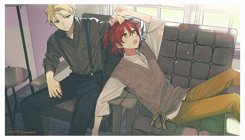 2boys alternate_costume armchair artist_name black_pants blonde_hair blue_eyes border breast_pocket brown_sweater_vest chair collared_shirt dated double-parted_bangs dress_shirt feet_out_of_frame floral_print flower grey_shirt hair_between_eyes half_updo hanasaki_miyabi hand_on_another's_head hand_up holding holding_flower holostars indoors kishido_temma long_sleeves looking_at_another looking_up male_focus momose_(oqo) multiple_boys open_collar open_mouth pants parted_bangs parted_lips pocket print_pants reclining redhead ribbon shirt shirt_tucked_in short_hair sitting sleeves_rolled_up suspenders sweater_vest table untucked_shirt virtual_youtuber white_border white_shirt window wooden_floor yellow_eyes yellow_pants yellow_ribbon
