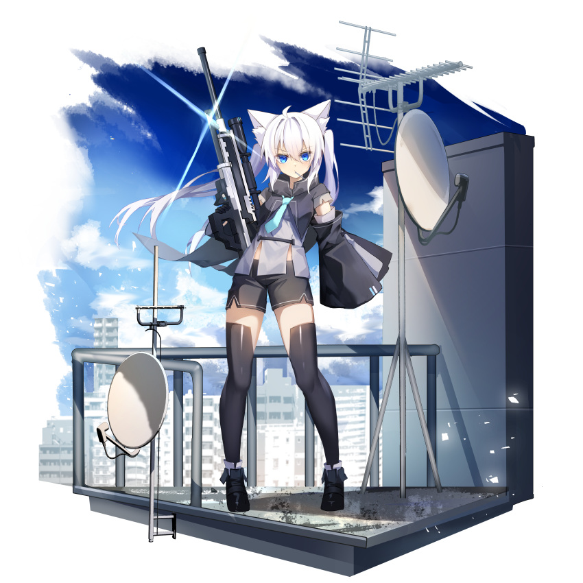 1girl absurdres animal_ear_fluff animal_ears black_footwear black_gloves black_shirt black_shorts black_sleeves black_thighhighs blue_eyes blue_necktie blue_sky boots border building cat_ears clouds day detached_sleeves frown full_body gloves gun highres holding holding_gun holding_weapon light_particles long_hair long_sleeves looking_at_viewer mouth_hold necktie nyokisan original outdoors outside_border railing rifle satellite_dish scope shirt shorts single_glove sky skyscraper sleeves_past_wrists sniper_rifle solo sparkle standing thigh-highs twintails weapon white_border wide_sleeves wind