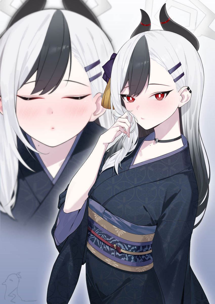 1girl absurdres black_hair black_horns black_kimono blue_archive blush closed_eyes closed_mouth cz_(mikumikumi) demon_horns grey_halo halo highres horns japanese_clothes kayoko_(blue_archive) kayoko_(new_year)_(blue_archive) kimono long_hair long_sleeves multicolored_hair multiple_horns multiple_views obi official_alternate_costume official_alternate_hairstyle red_eyes sash signature white_hair wide_sleeves