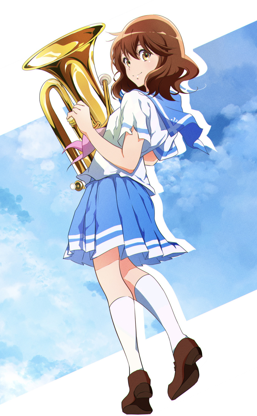 1girl absurdres blue_sailor_collar blue_skirt blue_sky brown_eyes brown_footwear brown_hair closed_mouth clouds cloudy_sky euphonium from_side hibike!_euphonium highres holding holding_instrument instrument kengo_kumaxile kitauji_high_school_uniform kneehighs loafers looking_at_viewer looking_back miniskirt neckerchief oumae_kumiko pink_neckerchief pleated_skirt sailor_collar school_uniform serafuku shirt shoes short_hair short_sleeves silhouette skirt sky smile socks solo standing standing_on_one_leg summer_uniform white_shirt white_socks