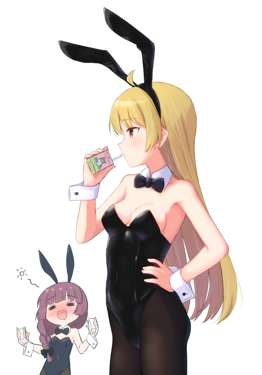 2girls alcohol animal_ears blonde_hair bocchi_the_rock! bow bowtie drunk highres hiroi_kikuri ijichi_seika juice_box kuramoto_takato multiple_girls orange_eyes playboy_bunny purple_hair rabbit_ears simple_background white_background