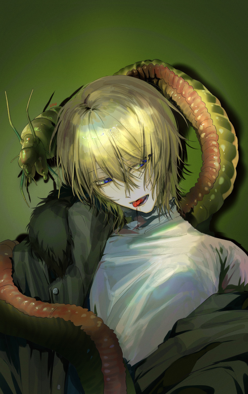 1boy absurdres artist_name black_jacket blonde_hair blue_eyes bug commentary_request fur-trimmed_hood fur_trim green_background hair_between_eyes highres hood hooded_jacket jacket kamiki_hikaru korean_commentary male_focus open_mouth oshi_no_ko saliva shirt short_hair single_off_shoulder solo star-shaped_pupils star_(symbol) symbol-shaped_pupils tongue tongue_out turtleneck upper_body white_shirt yubto_45