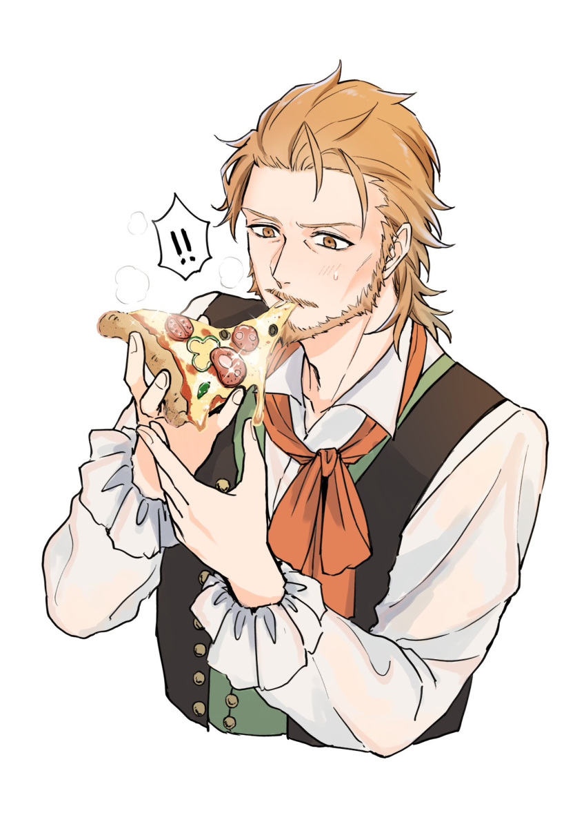 ! !! 1boy adam's_apple beard black_vest bow brown_eyes buttons cheekbones cheese_trail collared_shirt cropped_torso dress_shirt eating facial_hair fate/grand_order fate_(series) food food_in_mouth green_vest highres holding holding_food holding_pizza itokon300 male_focus mustache orange_bow pizza pizza_slice shirt short_hair solo vest white_background white_shirt william_shakespeare_(fate)