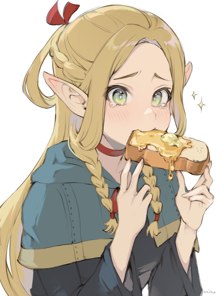 1girl biting blonde_hair blue_capelet blush braid bread bread_slice butter capelet choker commentary dungeon_meshi eating elf english_commentary food french_braid green_eyes hair_around_ear hair_ribbon hands_up highres holding holding_food honey hood hood_down hooded_capelet long_hair long_sleeves looking_ahead marcille_donato milka_(milk4ppl) multiple_braids parted_bangs pointy_ears red_ribbon ribbon side_braid simple_background solo sparkle tearing_up white_background