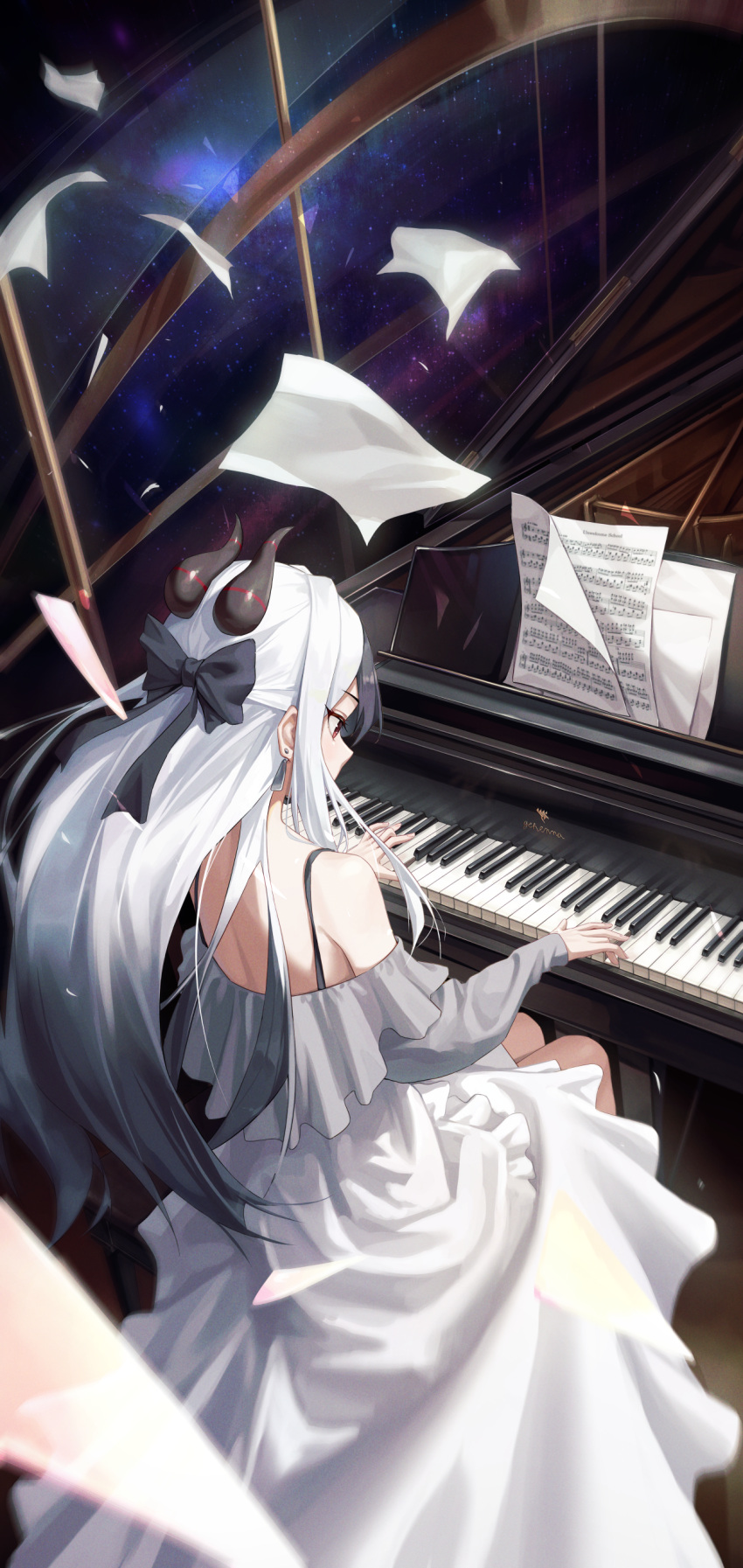 1girl absurdres bad_id bad_pixiv_id black_horns blue_archive demon_horns dress grand_piano grey_hair highres horns instrument kayoko_(blue_archive) korean_commentary long_hair long_sleeves ly_7317 music piano piano_keys playing_instrument playing_piano red_eyes sheet_music solo white_dress