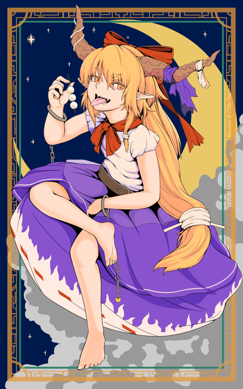 1girl art_nouveau bow chain clouds cuffs hair_bow highres horn_bow horn_ornament horn_ribbon horns ibuki_suika looking_to_the_side moon night night_sky oni open_mouth orange_hair pointy_ears red_bow ribbon shackles sky soretsu_nitohei touhou