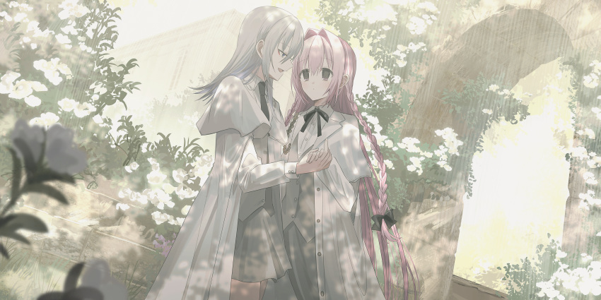 2girls :d absurdres black_bow black_necktie black_ribbon blue_eyes bow braid chihuri collared_shirt commentary_request day dress_shirt ende_(chihuri) flower grey_hair grey_skirt grey_vest hair_bow hair_intakes highres holding_hands jacket long_hair long_sleeves multiple_girls nea_(chihuri) neck_ribbon necktie open_clothes open_jacket original outdoors pink_hair puffy_long_sleeves puffy_sleeves ribbon shirt skirt smile twin_braids very_long_hair vest violet_eyes white_flower white_jacket white_shirt