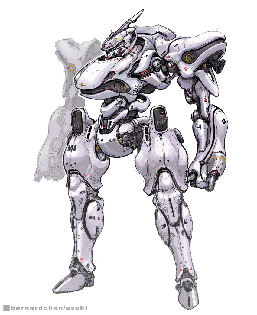 absurdres arm_cannon cable cannon concept_art energy_cannon english_commentary highres hose ink_(medium) machinery mecha muzzle no_humans original photoshop_(medium) realistic robot scan science_fiction sketch thrusters traditional_media tube uzuki_(uzukinokaze) vernier_thrusters weapon white_background