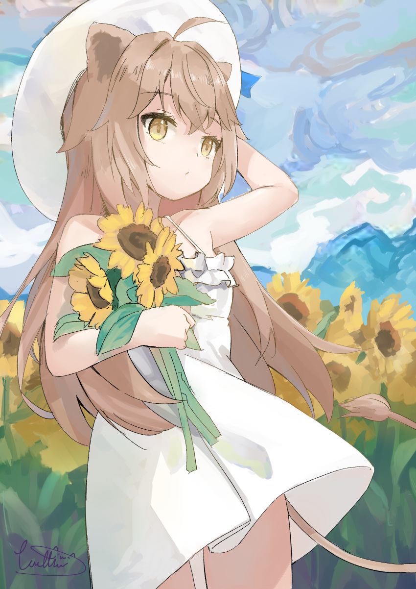 1girl absurdres ahoge animal_ears arm_up bare_arms blue_sky cowboy_shot day dress flower hat highres holding holding_flower indie_virtual_youtuber light_brown_hair lion_ears lion_girl lion_tail long_hair outdoors painterly rurudo_lion rurudo_lion_(1st_costume) signature sketch sky solo standing sunflower tail thighs white_dress white_headwear wittmann_(ehvr8373)