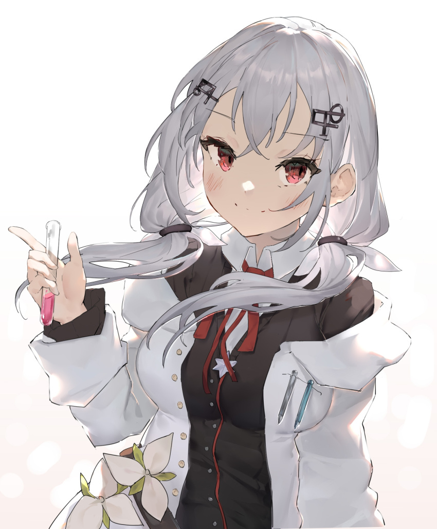 1girl 2t_(vmyz7342) black_shirt breast_pocket breasts buttons closed_mouth collared_shirt flower hair_ornament hakase_fuyuki hand_up hexagram highres holding holding_test_tube index_finger_raised lab_coat large_breasts long_hair long_sleeves looking_at_viewer low_twintails neck_ribbon nijisanji pen_in_pocket pocket red_eyes red_ribbon ribbon shirt smile solo star_of_david test_tube twintails upper_body virtual_youtuber white_background white_flower white_hair