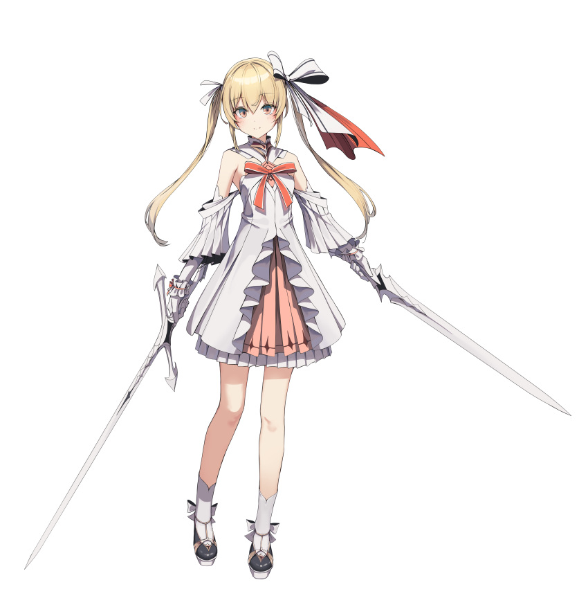 1girl absurdres blonde_hair bow breasts character_request closed_mouth collar detached_sleeves dress dress_bow dual_wielding footwear_bow full_body gloves hair_bow highres holding holding_sword holding_weapon long_hair looking_at_viewer mikisai omoi_no_kasanaru_rakuen_no_senjou._soshite_futari_wa_buki_wo_totta orange_bow platform_footwear pleated_skirt pleated_sleeves scrunchie simple_background skirt small_breasts smile socks solo standing strapless strapless_dress sword tachi-e twintails weapon white_background white_bow white_collar white_gloves white_skirt white_sleeves white_socks wrist_scrunchie