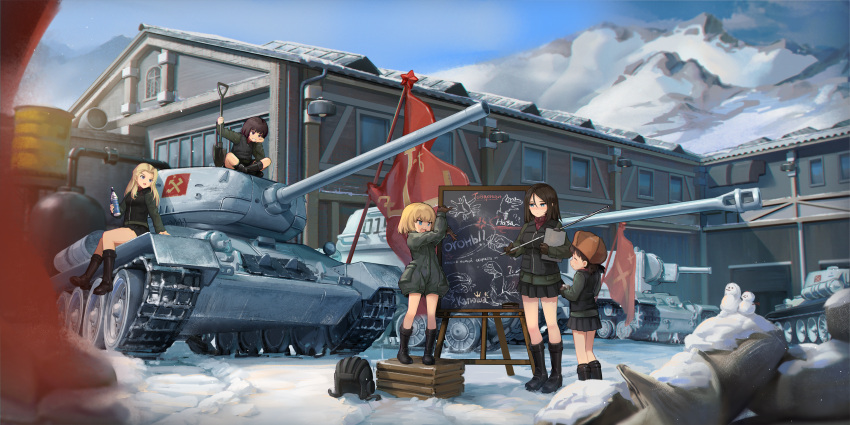 5girls absurdres alina_(girls_und_panzer) barrier_mao black_footwear black_gloves black_hair black_headwear black_skirt black_vest blonde_hair blue_eyes blue_sky blurry blurry_background blurry_foreground board_eraser bob_cut boots bottle brown_headwear building chalkboard clara_(girls_und_panzer) clipboard closed_eyes commentary cyrillic depth_of_field emblem fang flag fur_hat girls_und_panzer gloves green_jacket green_jumpsuit grin hand_gesture hat head_rest helmet highres holding holding_bottle holding_clipboard holding_pointer holding_shovel indian_style is-2 jacket jumpsuit katyusha_(girls_und_panzer) kv-2 leaning_forward long_hair long_sleeves looking_at_another low_twintails military_uniform military_vehicle miniskirt motor_vehicle mountainous_horizon multiple_girls nina_(girls_und_panzer) nonna_(girls_und_panzer) outdoors pleated_skirt pointer pointing pravda_(emblem) pravda_military_uniform red_shirt russian_text shirt short_hair short_jumpsuit short_twintails shovel sitting skin_fang skirt sky smile snow snowman standing swept_bangs t-34 tank tank_helmet translation_request turtleneck twintails uniform unworn_headwear unworn_helmet ushanka vest